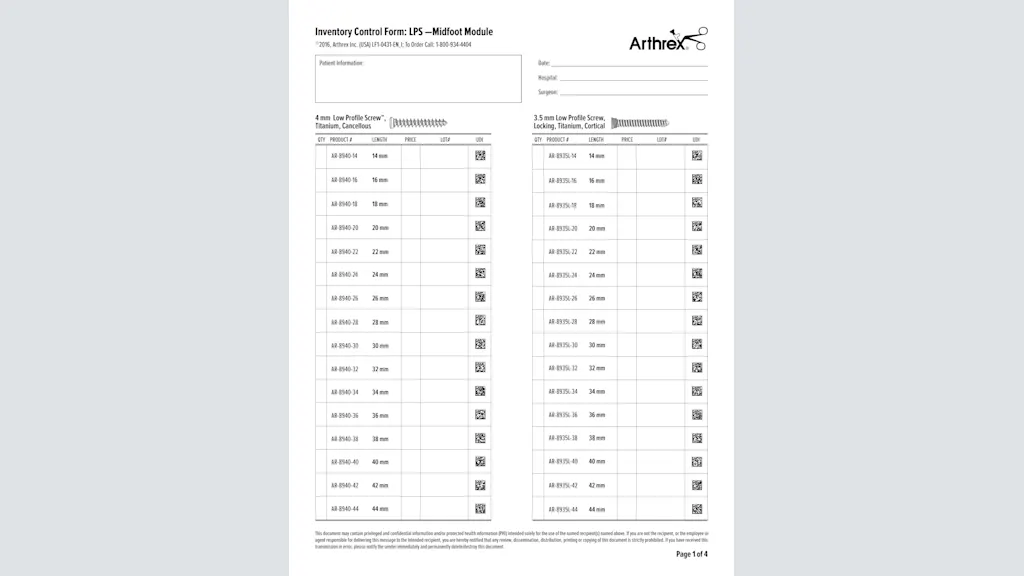 Inventory Control Form: LPS - Midfoot Module