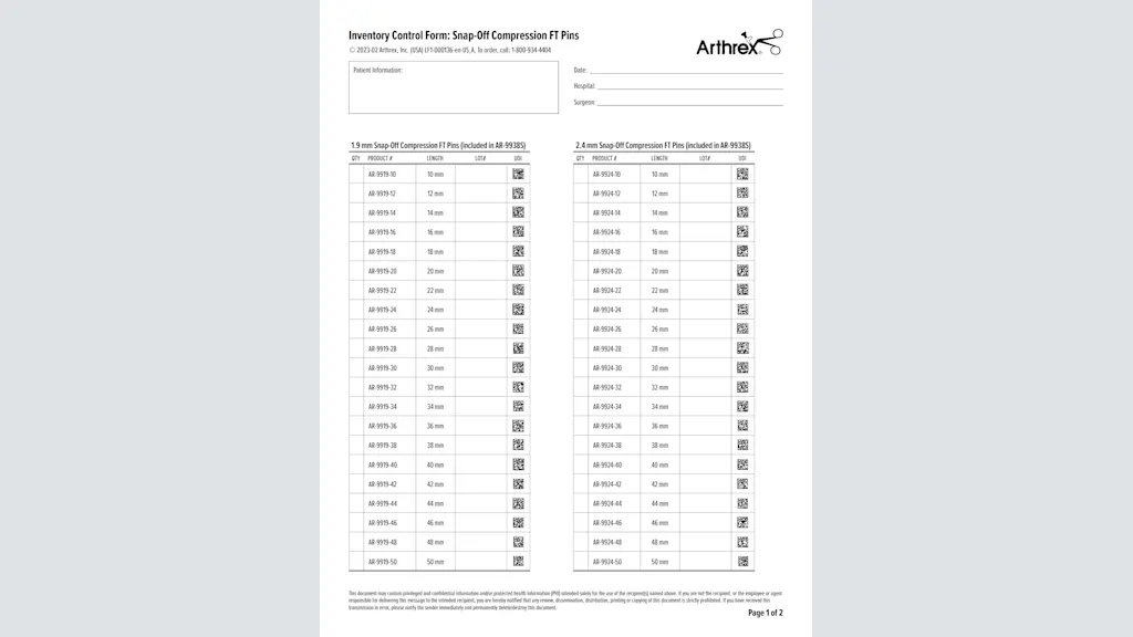 Inventory Control Form: Snap-Off Compression FT Pins