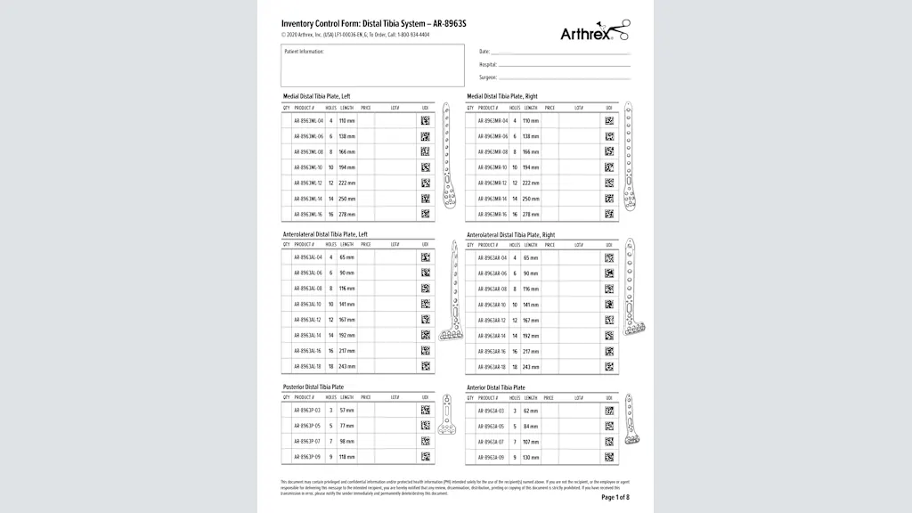 Inventory Control Form: Distal Tibia System – AR-8963S
