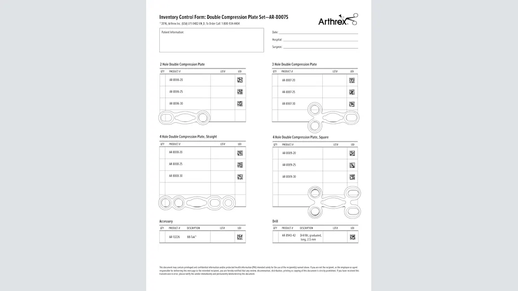 Inventory Control Form: Double Compression Plate Set - AR-8007S