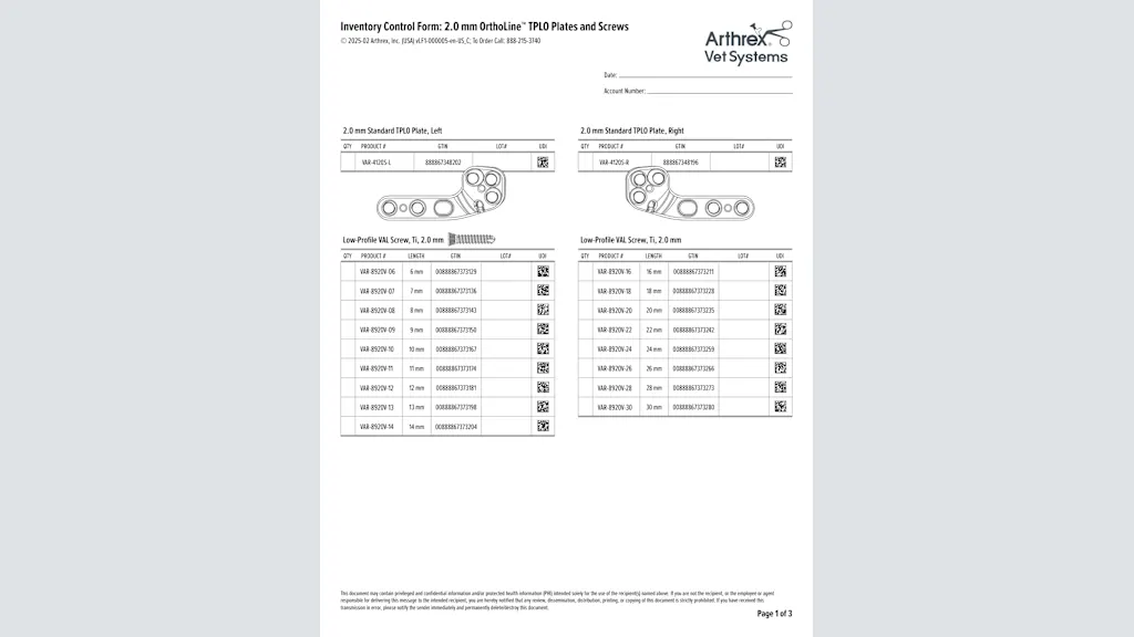 Inventory Control Form: 2.0 TPLO Plates and Screws