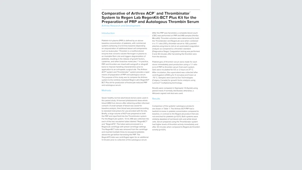 Comparative of Arthrex ACP® and Thrombinator™ System to Regen Lab RegenKit-BCT Plus Kit for the Preparation of PRP and Autologous Thrombin Serum