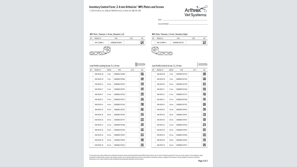 Inventory Control Form: 2.4 mm OrthoLine™ MPL Plates and Screws