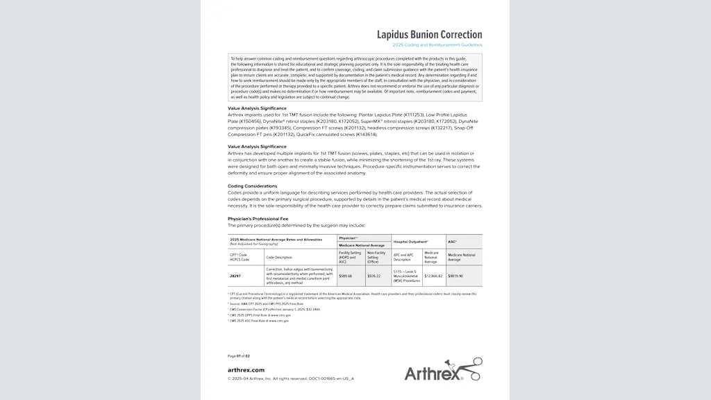 Lapidus Bunion Correction - 2025 Coding and Reimbursement Guidelines