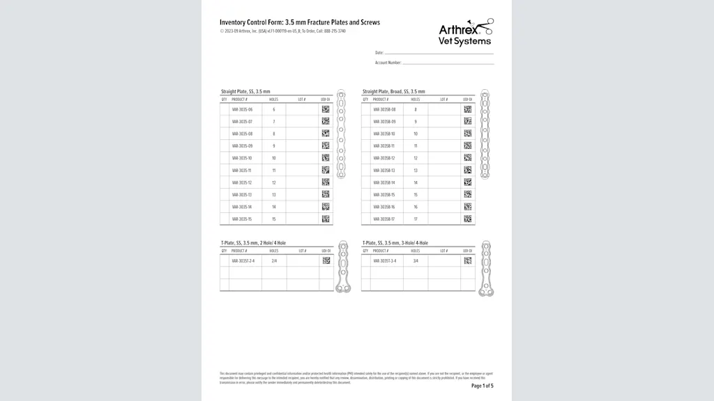 Inventory Control Form: 3.5 mm Fracture Plates and Screws
