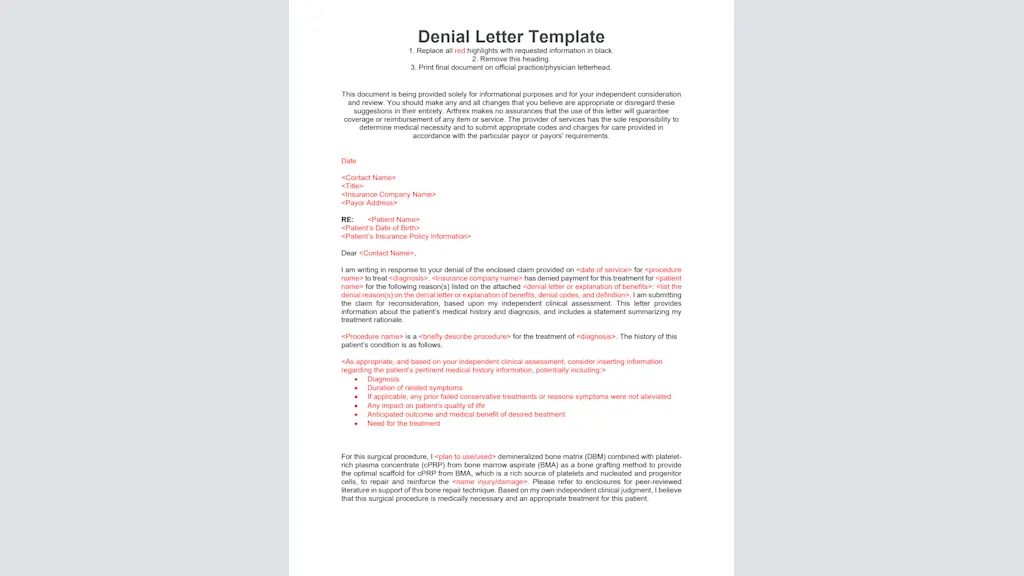 BioSurge Denial Letter Template