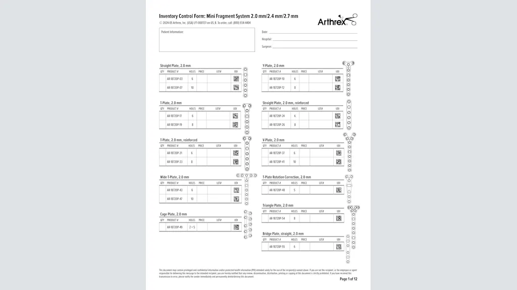 Inventory Control Form: Mini Fragment System 2.0 mm/2.4 mm/2.7 mm