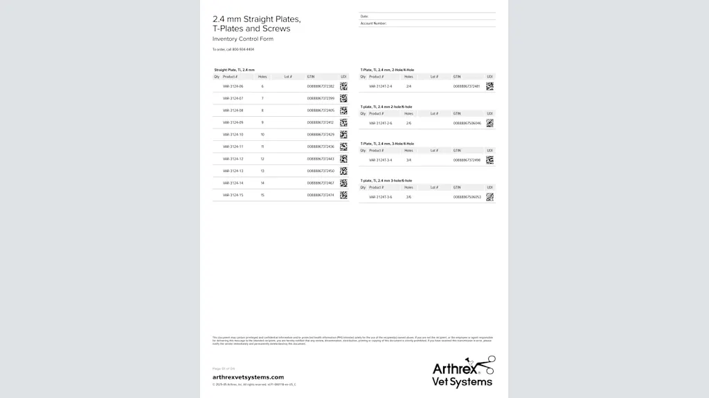 Inventory Control Form: 2.4 mm Straight Plates, T-Plates and Screws